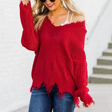 Load image into Gallery viewer, Women's Loose Knitted Sweater Long Sleeve V-Neck Ripped Pullover Sweaters Crop Top Knit Jumper
