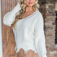 Load image into Gallery viewer, Women's Loose Knitted Sweater Long Sleeve V-Neck Ripped Pullover Sweaters Crop Top Knit Jumper

