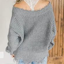 Load image into Gallery viewer, Women's Loose Knitted Sweater Long Sleeve V-Neck Ripped Pullover Sweaters Crop Top Knit Jumper
