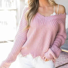 Load image into Gallery viewer, Women's Loose Knitted Sweater Long Sleeve V-Neck Ripped Pullover Sweaters Crop Top Knit Jumper
