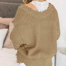 Load image into Gallery viewer, Women's Loose Knitted Sweater Long Sleeve V-Neck Ripped Pullover Sweaters Crop Top Knit Jumper
