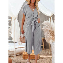 Load image into Gallery viewer, Women's Short Sleeve V Neck Button Belt Wide Leg Jumpsuit
