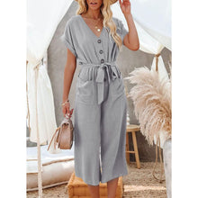Load image into Gallery viewer, Women's Short Sleeve V Neck Button Belt Wide Leg Jumpsuit
