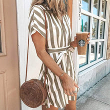 Load image into Gallery viewer, Womens Stripe Short Sleeve Wrap V Neck Button Front Tie Belted Dress
