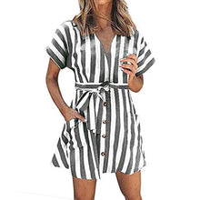 Load image into Gallery viewer, Womens Stripe Short Sleeve Wrap V Neck Button Front Tie Belted Dress
