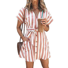 Load image into Gallery viewer, Womens Stripe Short Sleeve Wrap V Neck Button Front Tie Belted Dress
