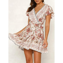 Load image into Gallery viewer, Women's Summer Wrap V Neck Bohemian Floral Print Mini Dress
