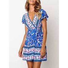 Load image into Gallery viewer, Women's Summer Wrap V Neck Bohemian Floral Print Mini Dress
