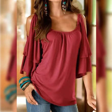 Load image into Gallery viewer, Women's T-Shirt Plain Ruffle Cold Shoulder Short Sleeve
