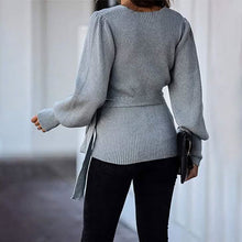 Load image into Gallery viewer, Women’s V Neck Balloon Sleeve Ribbed Wrap Chunky Knit Tunic Top
