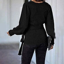 Load image into Gallery viewer, Women’s V Neck Balloon Sleeve Ribbed Wrap Chunky Knit Tunic Top
