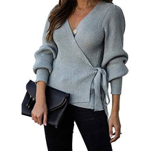 Load image into Gallery viewer, Women’s V Neck Balloon Sleeve Ribbed Wrap Chunky Knit Tunic Top
