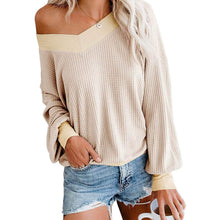 Load image into Gallery viewer, Women's V Neck Long Sleeve Waffle Knit Top Off Shoulder Oversized Pullover Sweater
