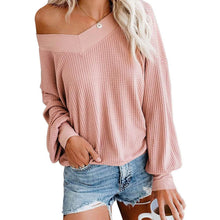Load image into Gallery viewer, Women's V Neck Long Sleeve Waffle Knit Top Off Shoulder Oversized Pullover Sweater
