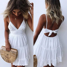 Load image into Gallery viewer, Womens V-Neck Spaghetti Strap Bowknot Backless Sleeveless Lace Mini Swing Skater Dress
