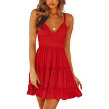 Load image into Gallery viewer, Womens V-Neck Spaghetti Strap Bowknot Backless Sleeveless Lace Mini Swing Skater Dress
