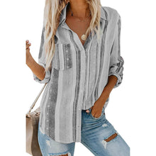 Load image into Gallery viewer, Women's V-Neck Striped Roll-Up Cuff Shirt
