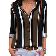 Load image into Gallery viewer, Womens V Neck Striped Roll up Sleeve Button Down Blouses Top
