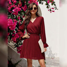 Load image into Gallery viewer, Womens Wrap V Neck Pleated Long Sleeve Mini Dresses
