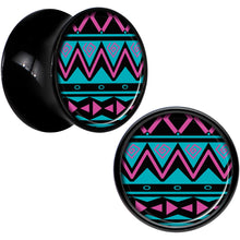 Load image into Gallery viewer, Black Acrylic Pink Teal Tribal Print Saddle Plug Set 1/2
