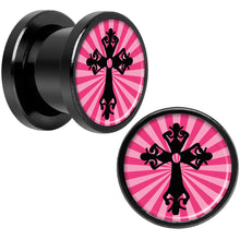 Load image into Gallery viewer, Pink Black Radiant Cross Black Anodized Screw Fit Plug Set 00G
