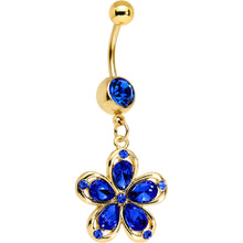 Load image into Gallery viewer, Blue Gem Gold PVD Zinnia Flower Dangle Belly Ring
