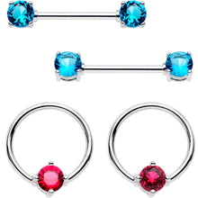 Load image into Gallery viewer, 5/8 Pink Aqua Gem Captive Ring Straight Barbell Nipple Ring Set
