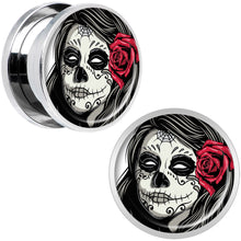 Load image into Gallery viewer, Katrina Sugar Skull with Rose Flower Steel Screw Fit Plug Set 5/8
