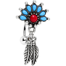 Load image into Gallery viewer, Red Blue Orb Fan Feather Top Mount Dangle Belly Ring
