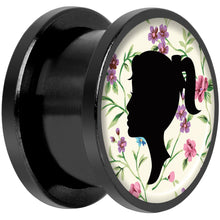 Load image into Gallery viewer, Man Woman Floral Silhouette Black Anodized Screw Fit Plug Set 9/16
