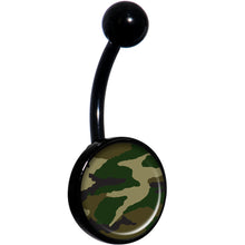 Load image into Gallery viewer, Woodland Camo Print Black Belly Ring
