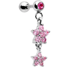 Load image into Gallery viewer, 16G 1/4 Pink Gem Double Star Dangle Cartilage Tragus Earring
