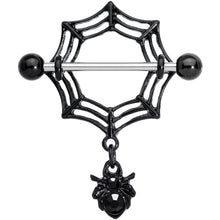 Load image into Gallery viewer, 9/16 Black Gem Black Spiders Webs Halloween Dangle Nipple Shield Set
