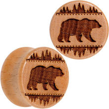 Load image into Gallery viewer, Organic Beechwood Holiday Bear in the Woods Saddle Plug Set Sizes 8mm to 20mm
