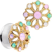 Load image into Gallery viewer, Pink Green White Gem Glam Flower Double Flare Tunnel Plug Set
